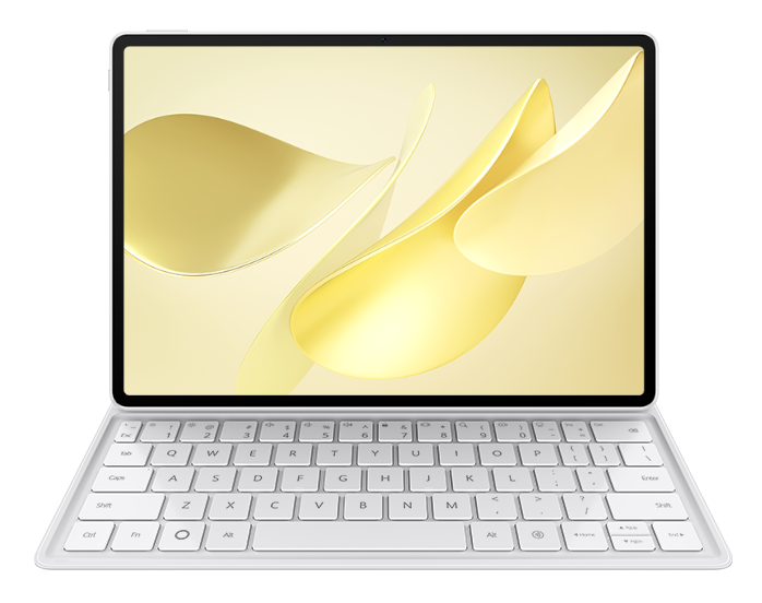 Biały tablet z odłączaną klawiaturą. Ekran wyświetla abstrakcyjne złote kształty. Klawiatura ma białe klawisze.