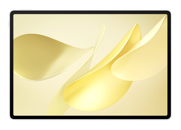 Tablet z czarną ramką. Ekran pokazuje złote, płynące, abstrakcyjne kształty. Tło to jasny złoty gradient.