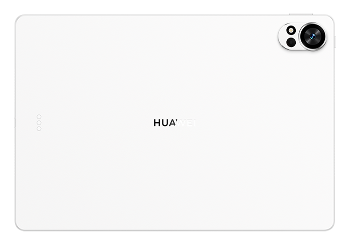 Biały tablet z logo Huawei. Moduł kamery po prawej stronie u góry. Trzy kropki po lewej.