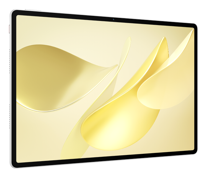 Złoty tablet wyświetla abstrakcyjne, płynące złote kształty na pasującym tle. Tablet jest ustawiony na czarnym tle.