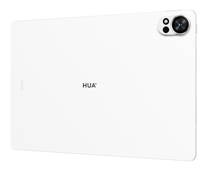 Biały tył tabletu Huawei. Posiada moduł aparatu, przycisk zasilania i logo Huawei. Minimalistyczny design.