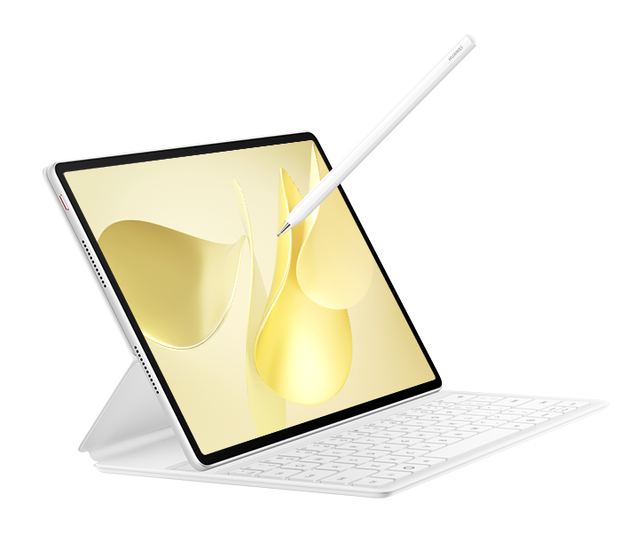 Biały tablet z klawiaturą, rysikiem i wyświetlaczem z złotymi abstrakcyjnymi kształtami. Tablet jest otwarty i gotowy do użycia.