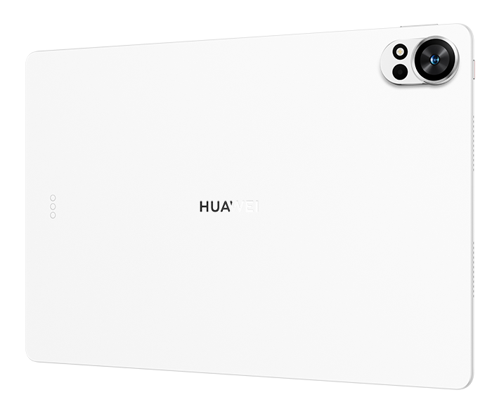 Biały tablet z modułem aparatu i logo Huawei. Trzy małe kółka z boku. Czarne tło.