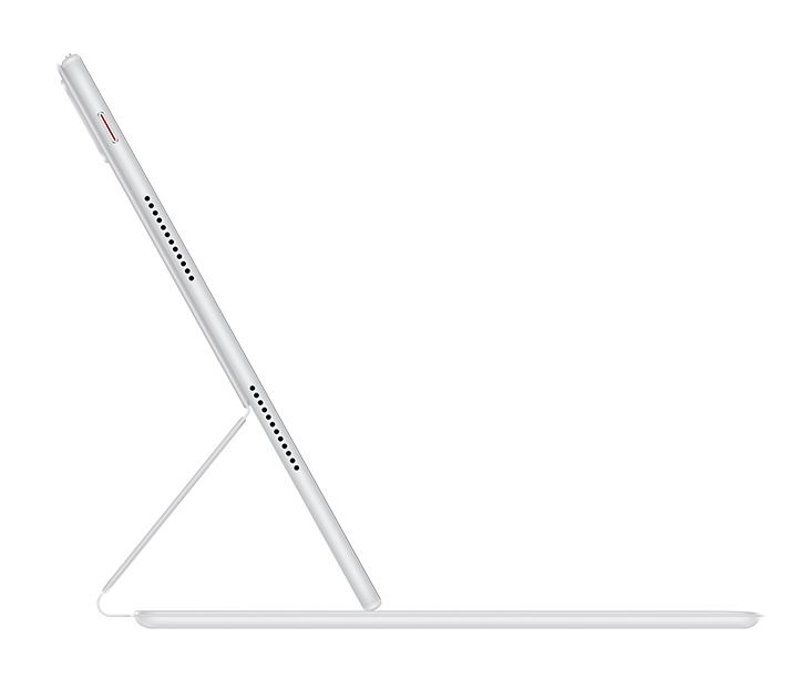 Biały tablet podparty stojakiem na czarnym tle. Tablet jest pochylony, pokazując stronę z przyciskami.