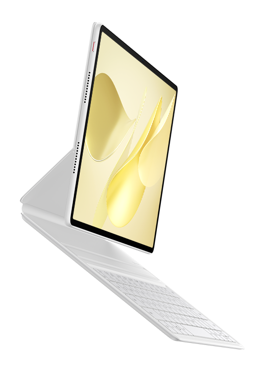 Biały tablet z odłączaną klawiaturą. Ekran wyświetla złote wiry na jasnym tle. Ustawienie jest pod kątem.