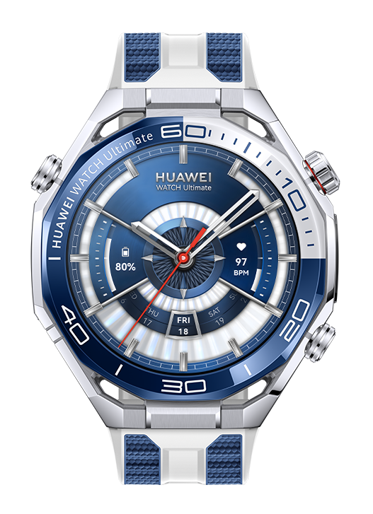Zegarek Huawei Watch Ultimate z niebiesko-białymi akcentami. Wyświetla godzinę, żywotność baterii i tętno.