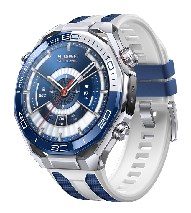 Zbliżenie zegarka Huawei Watch Ultimate. Ma niebieską i srebrną ramkę, biały pasek i wyświetla godzinę, baterię i tętno.
