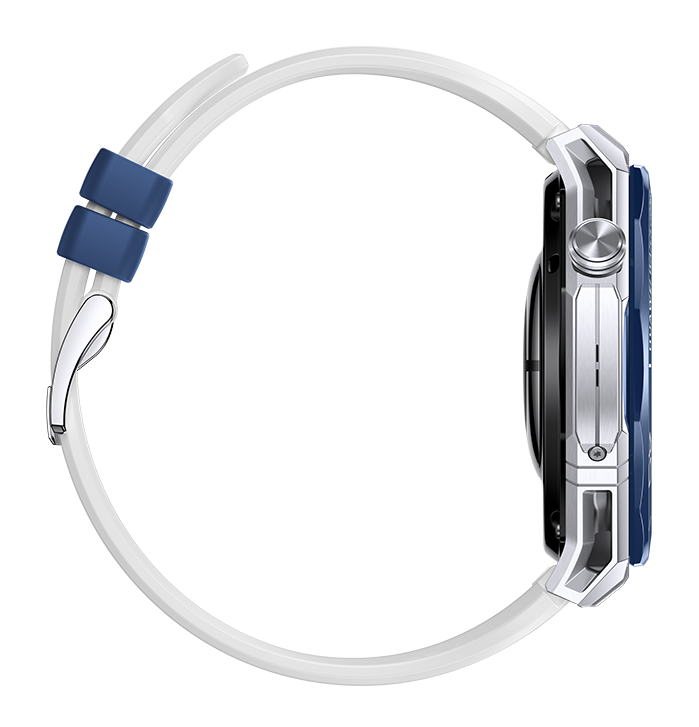 Widok z boku na zegarek na rękę. Ma srebrną kopertę, niebieski pierścień i biały pasek. Zegarek jest na czarnym tle.