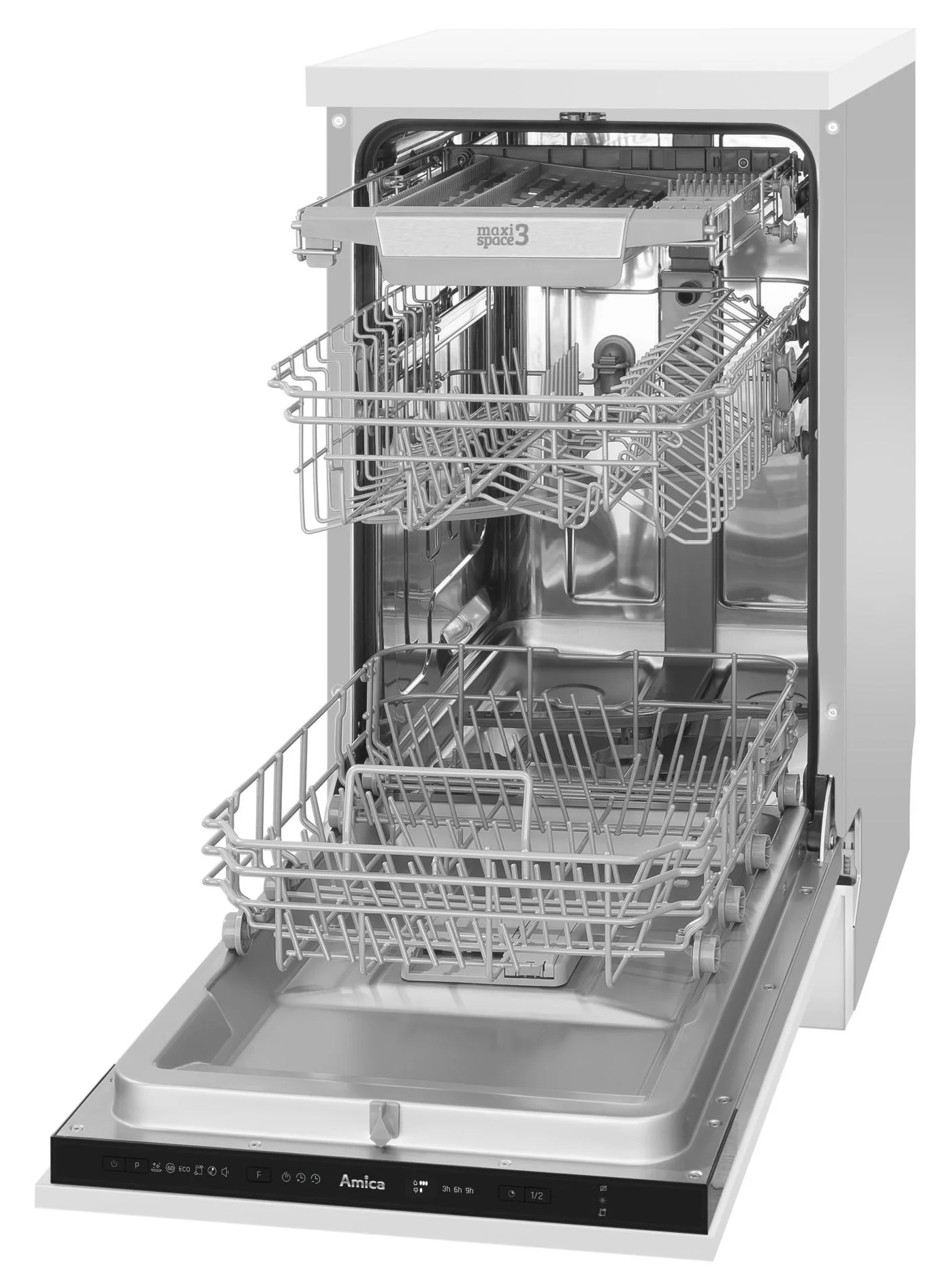 Otwarta biała zmywarka z trzema drucianymi koszami. Drzwi są otwarte, odsłaniając wnętrze i panel sterowania.