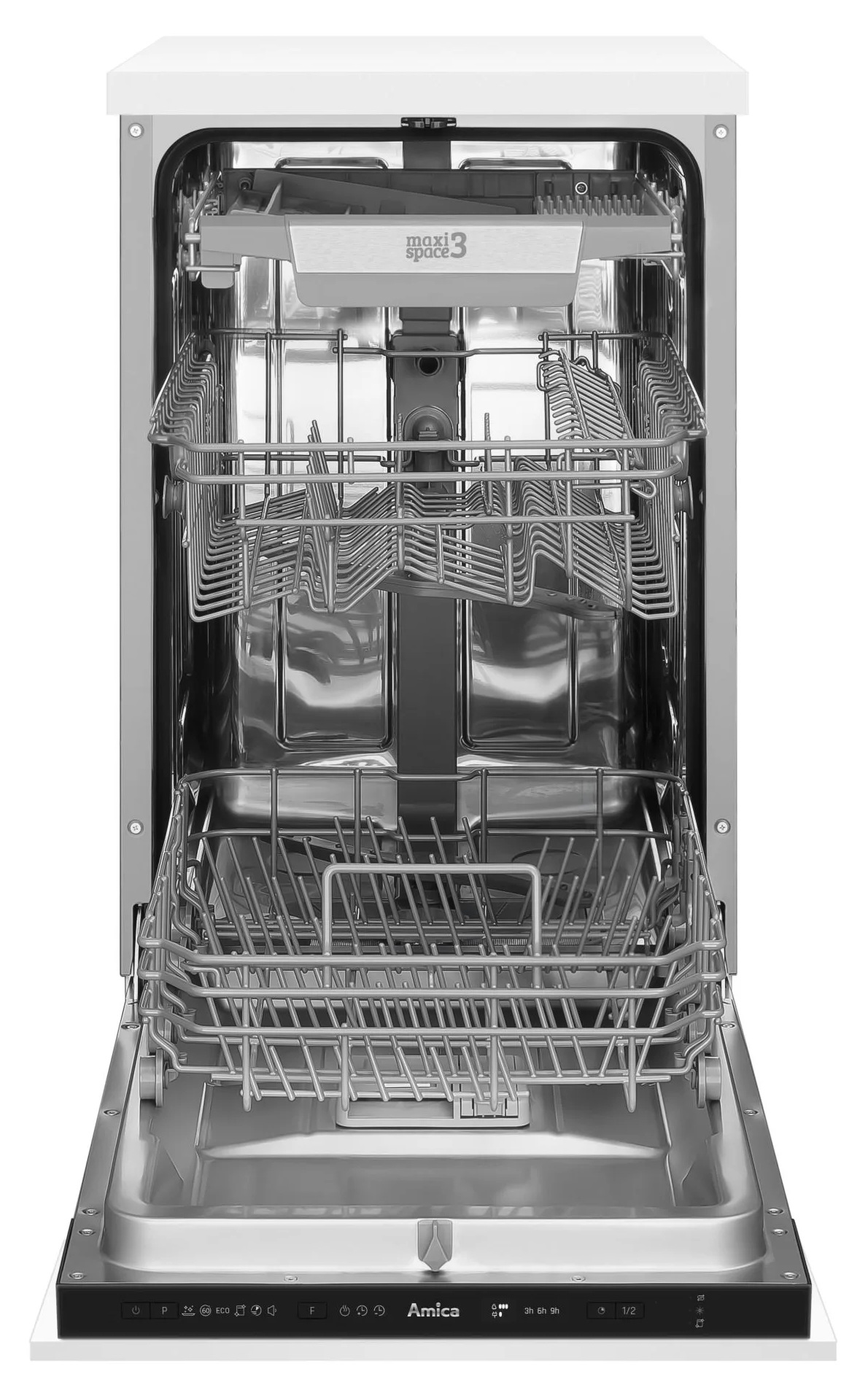 Otwarta zmywarka z wnętrzem ze stali nierdzewnej. Widoczne górne i dolne kosze. Marka 'Amica' na panelu sterowania.