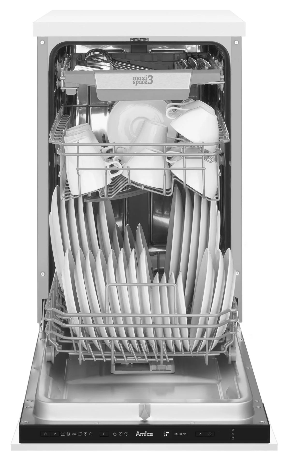 Otwarta zmywarka z białymi talerzami i filiżankami. Górny kosz ma filiżanki, a dolny talerze.