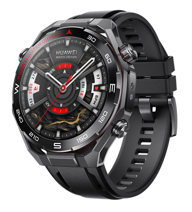 Czarny smartwatch Huawei Watch Ultimate z okrągłą tarczą. Ma czarny pasek i kilka przycisków. Zegarek pokazuje czas i dane zdrowotne.