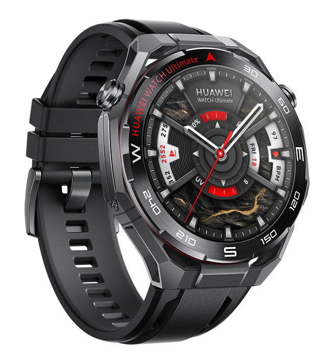 Smartwatch Huawei Watch Ultimate. Czarna koperta i pasek z ciemną tarczą. Wyświetla czas i dane zdrowotne. Czarne tło.