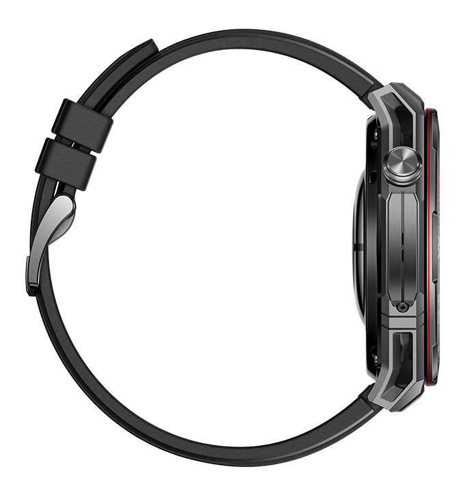 Widok z boku czarnego smartwatcha. Ma czarny pasek, metalową szarą obudowę i czerwoną linię akcentującą. Tło jest czarne.