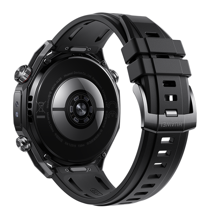 Czarny smartwatch Huawei, widok z tyłu. Pokazuje tarczę zegarka, pasek i klamrę. Zawiera przyciski i szczegóły tekstowe z tyłu.