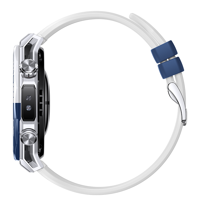 Smartwatch z białym paskiem i niebieskimi akcentami. Tarcza jest srebrna z czarnymi detalami. Tło jest czarne.