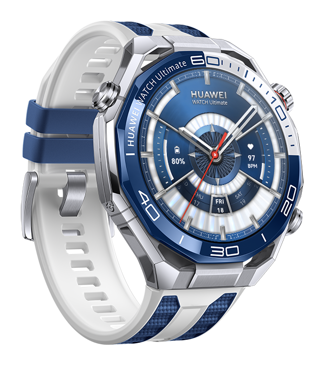 Smartwatch Huawei Watch Ultimate. Ma niebiesko-białą kolorystykę, okrągłą tarczę i biały pasek.
