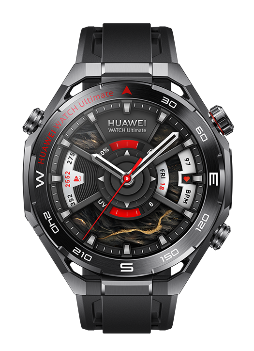 Widoczny jest Huawei Watch Ultimate. Ma czarno-srebrny design ze szczegółową tarczą i czarnym paskiem.