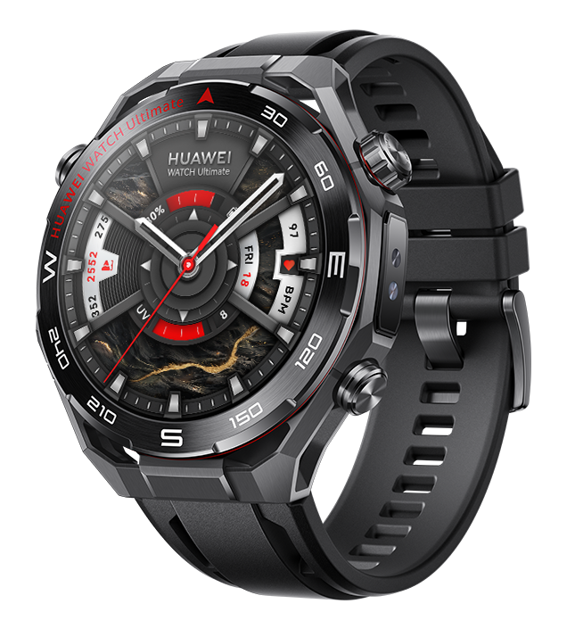 Zbliżenie Huawei Watch Ultimate, czarne i szare z czerwonymi akcentami. Zegarek wyświetla godzinę, datę i wskaźniki zdrowia.