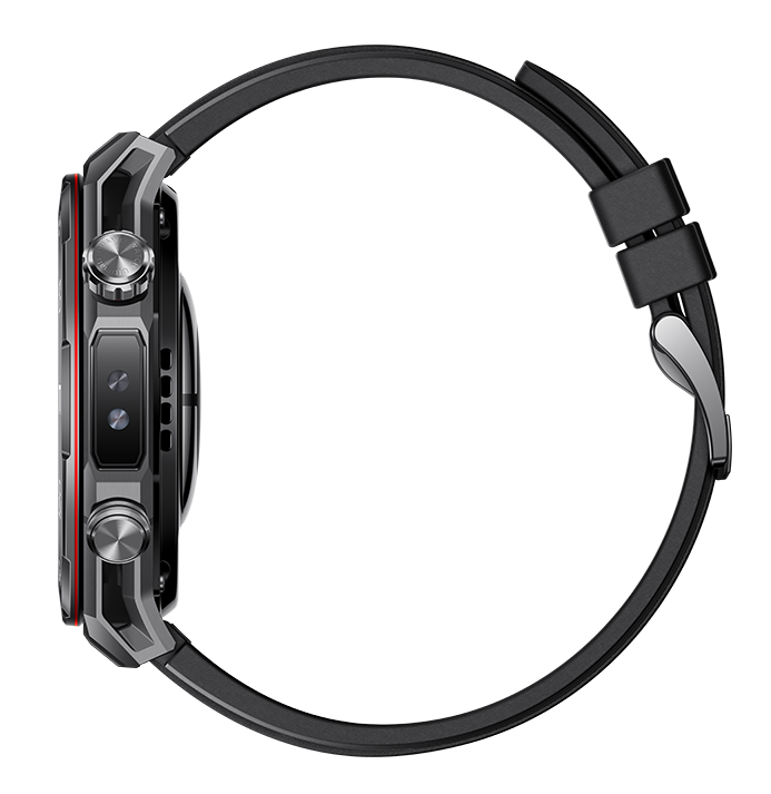 Czarny smartwatch z czarnym paskiem. Ma metalową szarą ramkę z czerwonymi akcentami. Zegarek widać z boku.