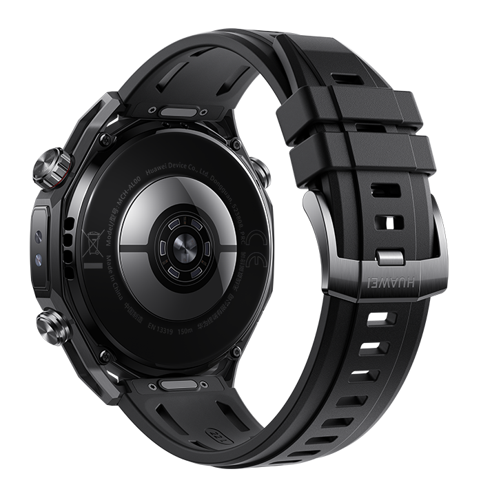 Czarny smartwatch Huawei, widok z tyłu, pokazujący tarczę i pasek, z logo Huawei na klamrze i trochę tekstu.