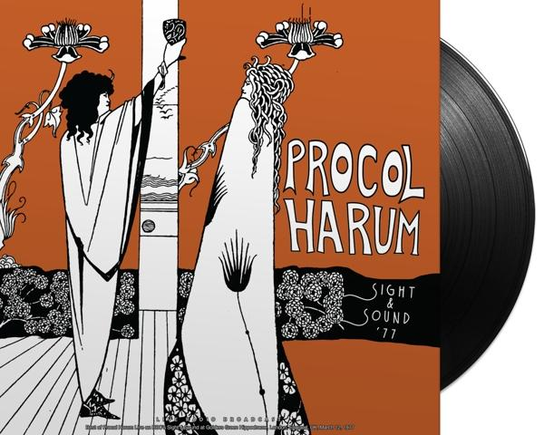 A Procol Harum 'Sight & Sound '77' album borítója. Két fehér köntösös alak, narancssárga háttér és egy bakelit lemez látható.