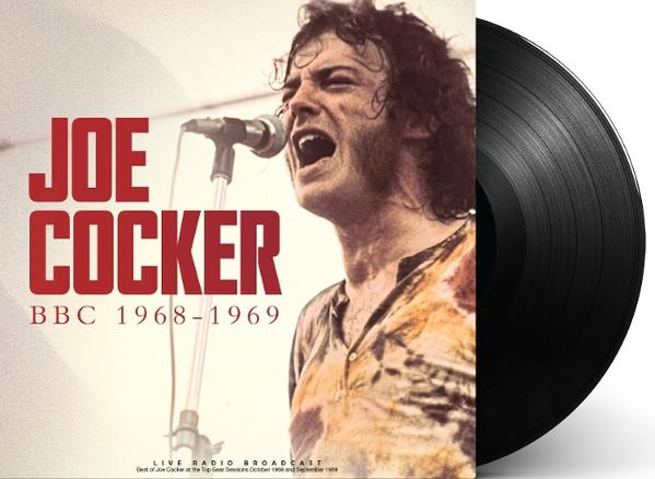 Joe Cocker, BBC 1968-1969 album borítója. Joe Cocker éneklő képe és egy bakelitlemez.