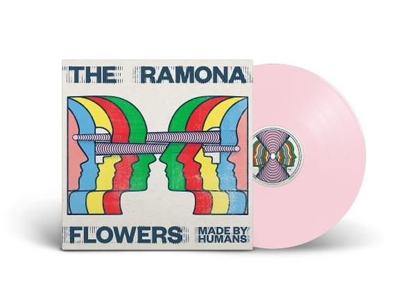 Albumcover von 'The Ramona Flowers' mit bunten Gesichtern und einer rosa Vinyl-Schallplatte.