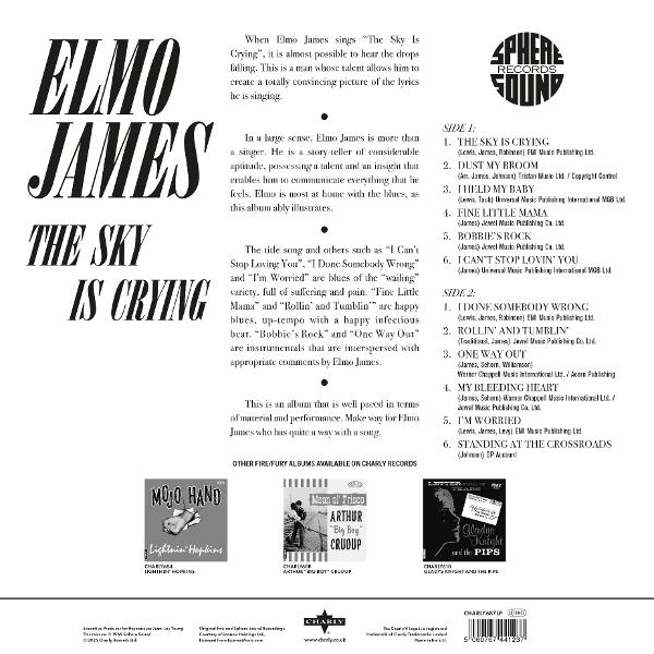 Albumcover von Elmo James' 'The Sky Is Crying' mit Text und Titelliste. Enthält andere Albumcover.