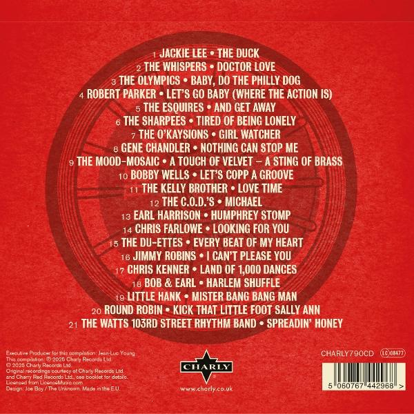 Rotes CD-Cover mit Titelliste verschiedener Künstler. Der Text enthält Künstlernamen und Songtitel. Unten befindet sich das Charly Records-Logo.