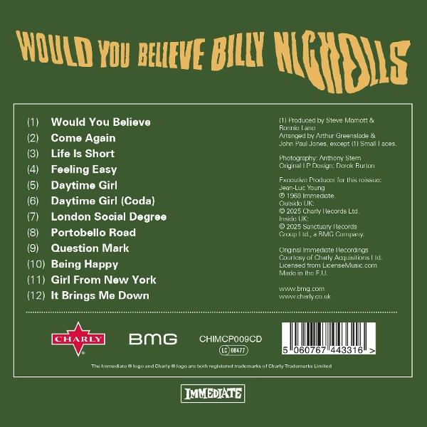 Albumcover mit Text: 'Would You Believe Billy Nicholls', Titelliste und Logos von Charly, BMG und Immediate Records.