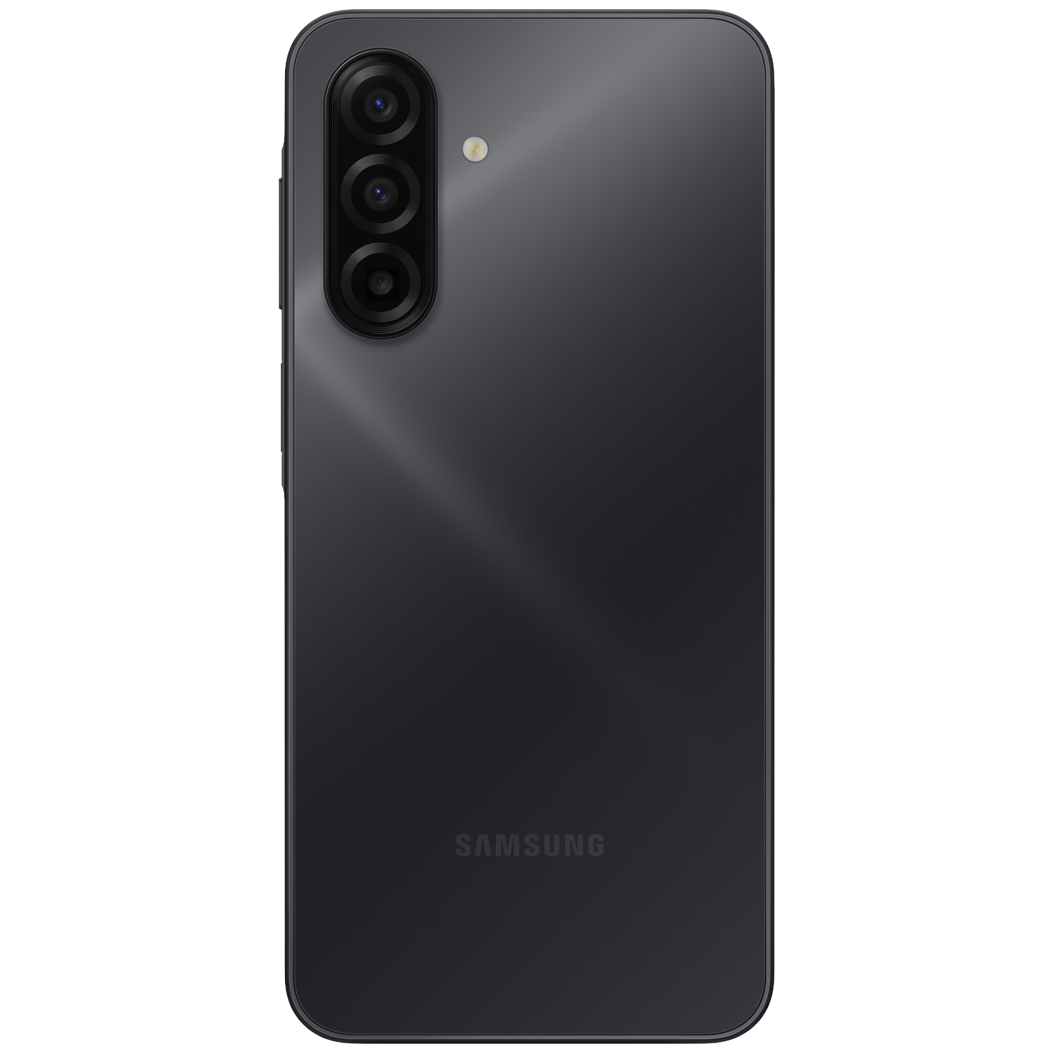 Black smartphone back. Triple camera array on the top left. Samsung logo at the bottom. Glossy surface.