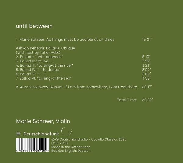Rückseite des CD-Covers. Titel: until between. Titelliste, Künstlerinfo und Logo.