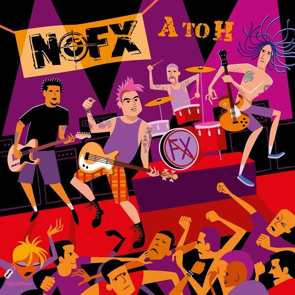 Eine Band, NOFX, tritt auf der Bühne auf. Bandmitglieder spielen Instrumente, während die Menge unten jubelt. Die Bühne ist rot und lila.
