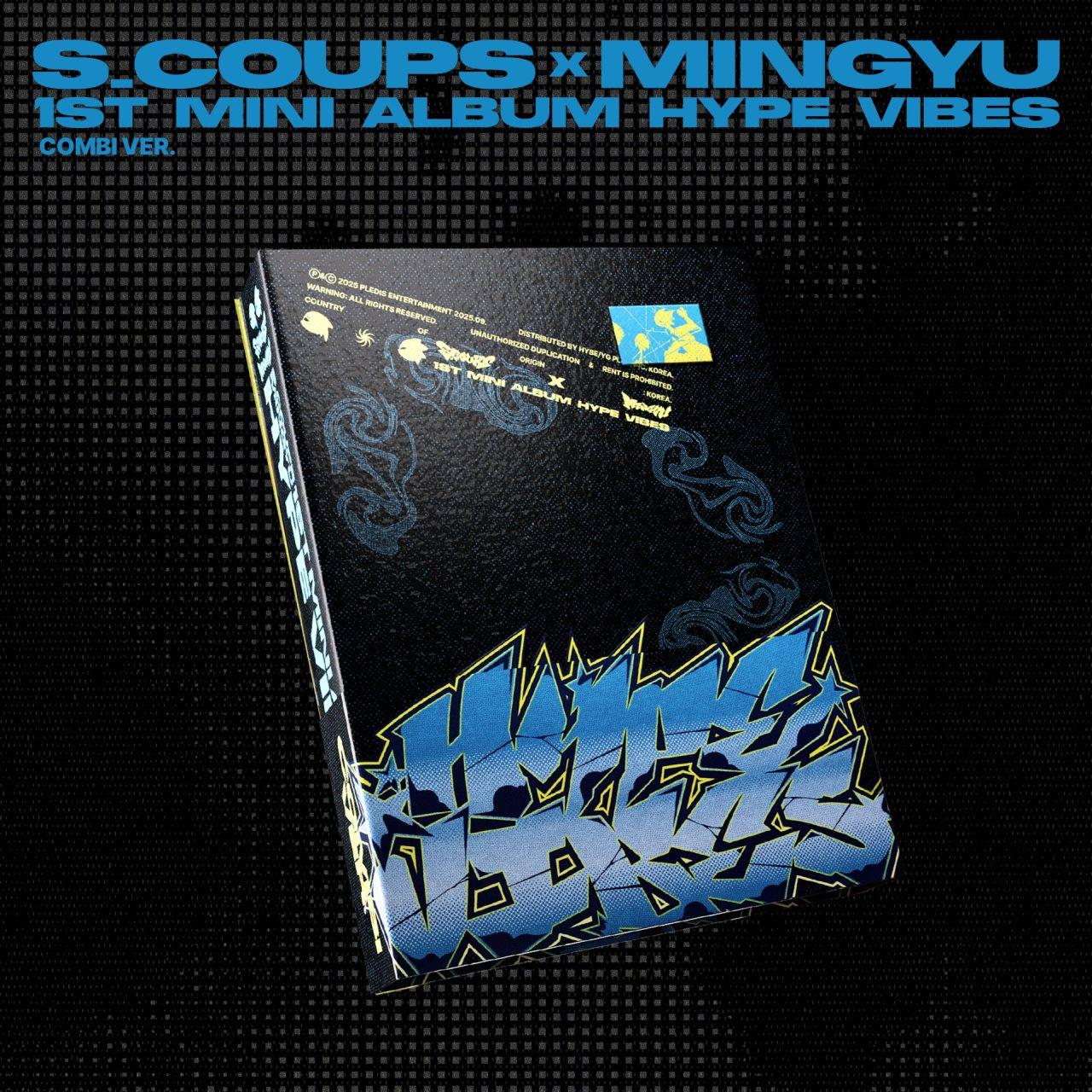 Album cover with blue graffiti-style text 'HYPE VIBES'. Black background with text: S.COUPS x MINGYU, 1ST MINI ALBUM. Combi Ver.