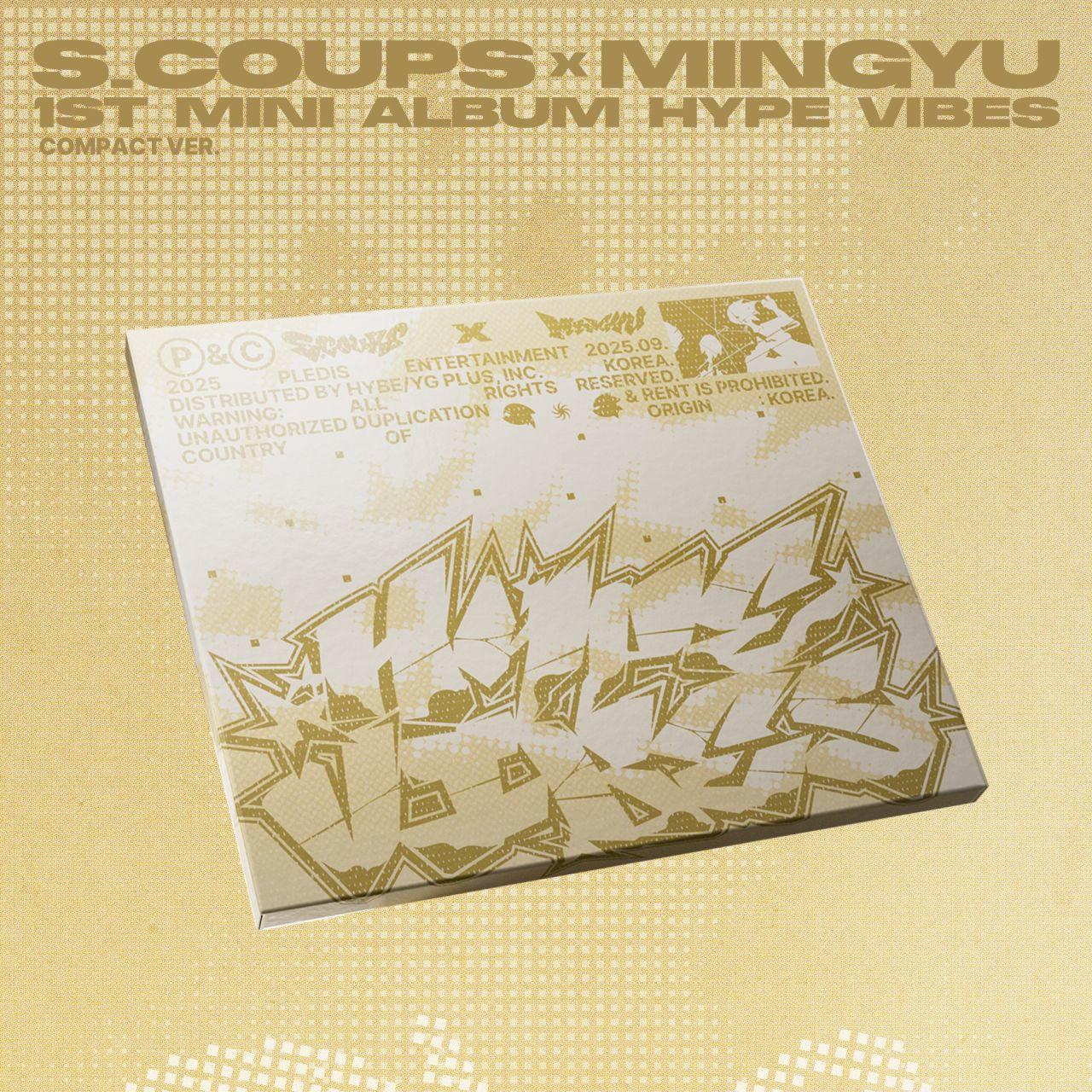 Couverture de l'album S.Coups x Mingyu, 1st Mini Album Hype Vibes. Design or et blanc, avec texte stylisé et motif d'éclat d'étoile.