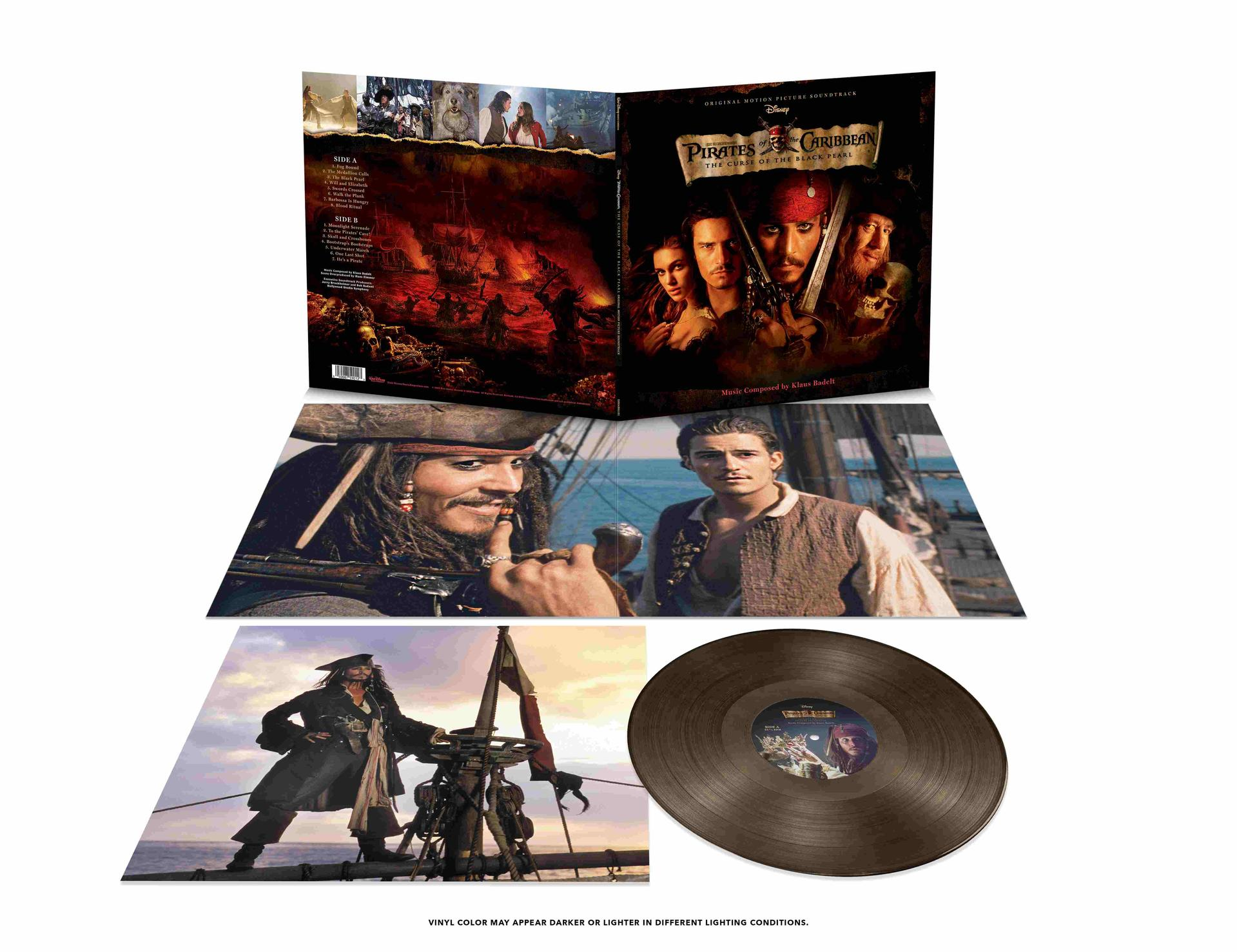 A Karib-tenger kalózai filmzene bakelitje. Jack Sparrow-t és más karaktereket ábrázol. A borítókép látható.