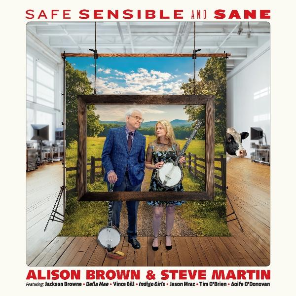 Albumcover mit Alison Brown und Steve Martin, die Banjos halten, in einem Bilderrahmen. Eine Kuh schaut von der Seite.