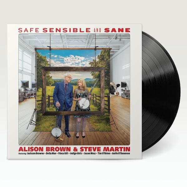 Albumcover mit Alison Brown & Steve Martin. Eine gerahmte Landschaft in einem Raum. Eine Schallplatte ist rechts.