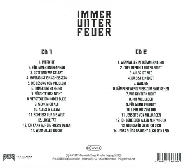 Albumcover mit den Worten 'Immer Unter Feuer'. Listet Songtitel auf Deutsch auf zwei CDs.