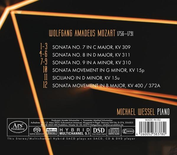CD-Cover mit Text über Mozarts Musik, darunter Sonaten und eine Titelliste, gespielt von Michael Wessel am Klavier.