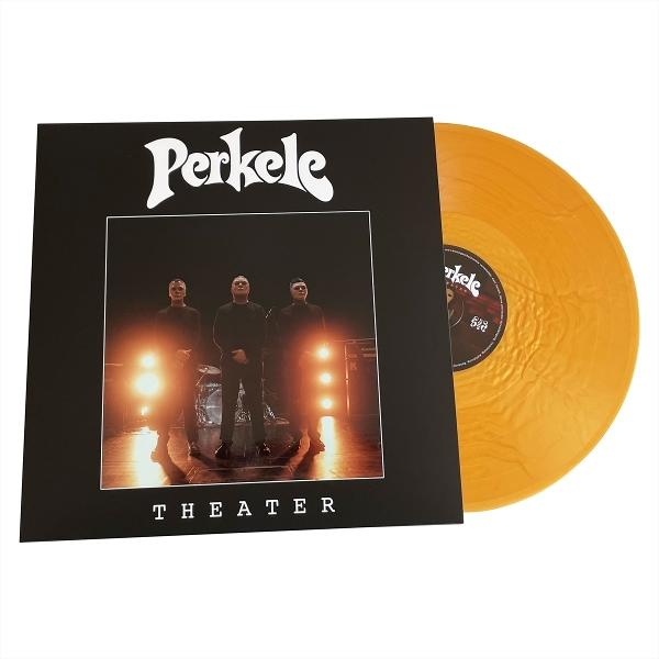 Vinylplatte mit Albumcover einer Band. Das Cover ist schwarz mit dem Namen der Band und einem Bild der Bandmitglieder.