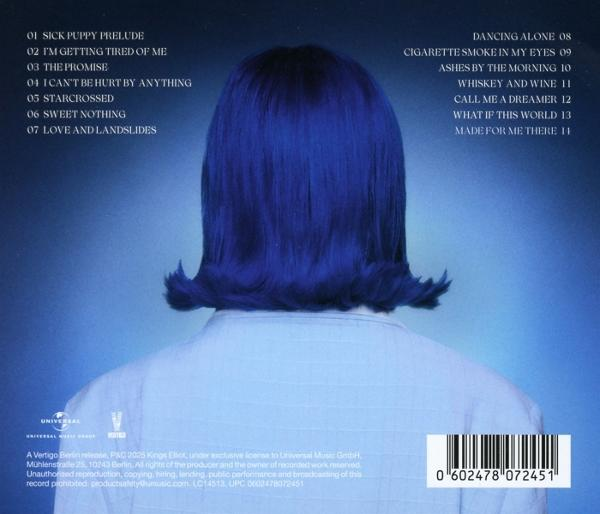 Rückseite des Albums: Eine Person mit blauen Haaren ist abgewandt. Songtitel und ein Barcode sind sichtbar.