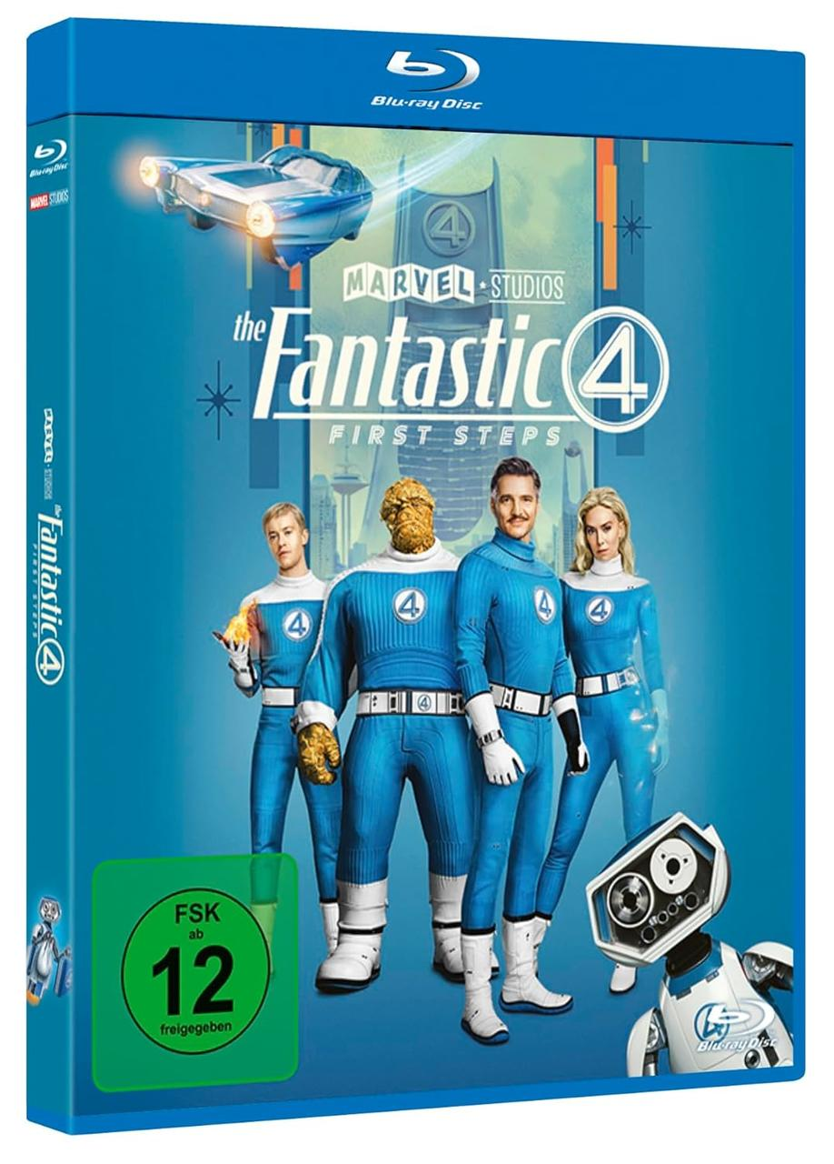 Blu-ray-Disc-Cover des Films Fantastic 4. Das Team in blauen Anzügen steht vor einem blauen Hintergrund. The Thing steht in der Mitte.