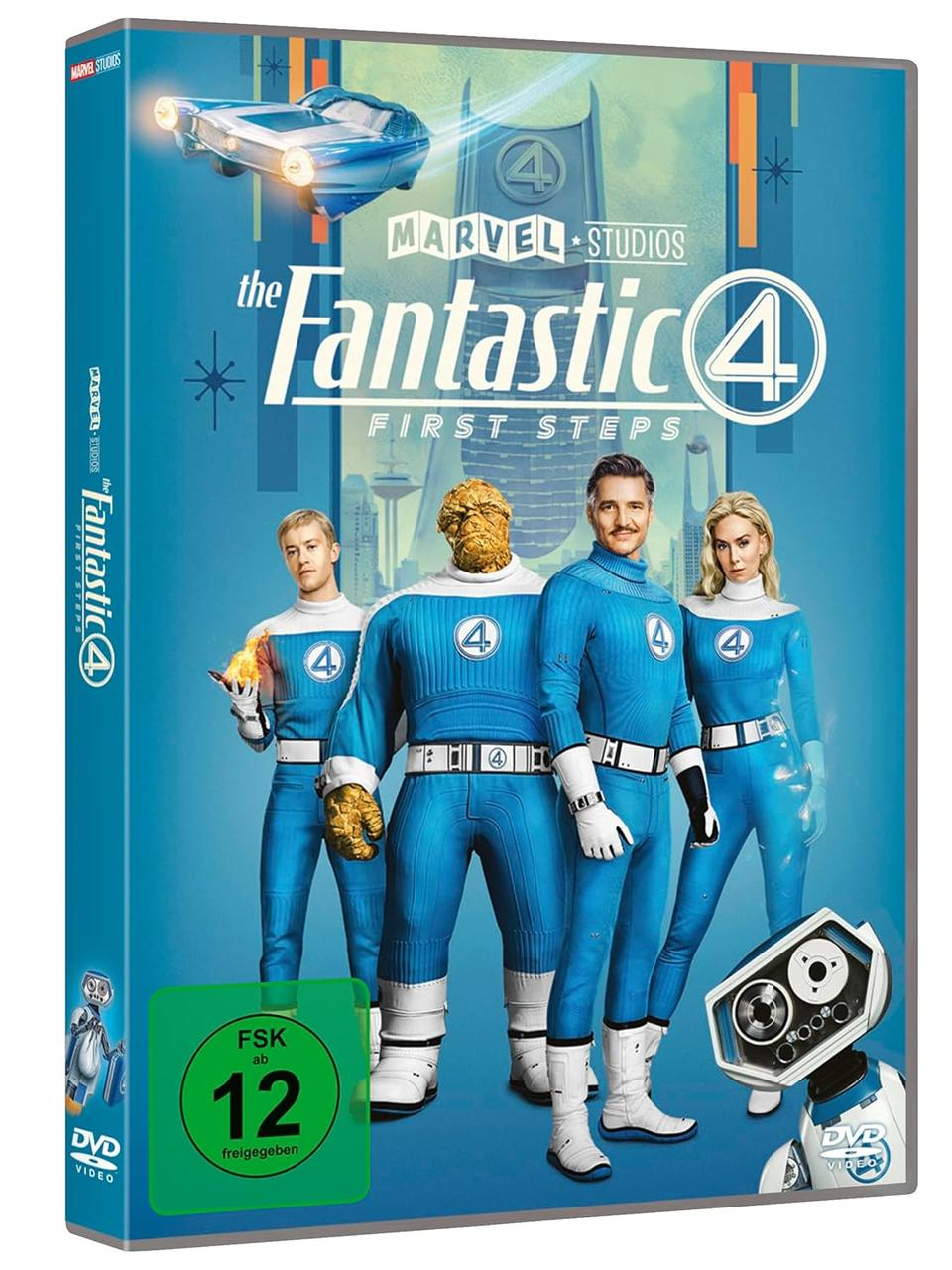 DVD-Hülle von Fantastic Four: First Steps. Vier kostümierte Figuren stehen in einer Reihe, oben ein fliegendes Auto. Die Bewertung ist 12.