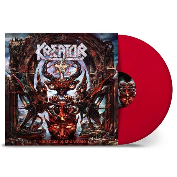 Albumcover mit dämonischen Bildern und roter Vinyl-Schallplatte. Der Albumtitel lautet "Krushers of the World".
