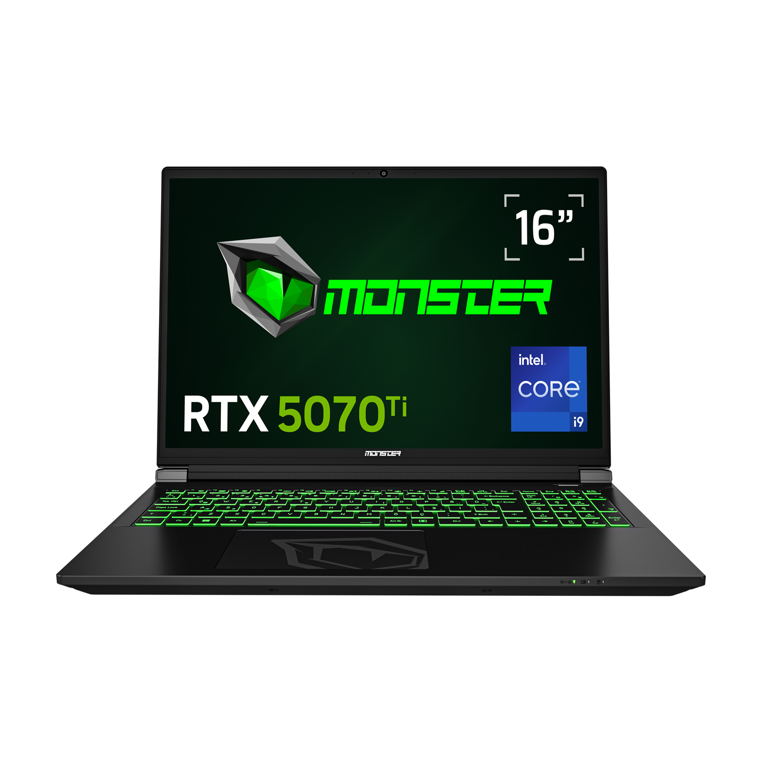 Siyah dizüstü bilgisayar, yeşil arkadan aydınlatmalı klavye, ekran "MONSTER" logosunu, "RTX 5070Ti" ve "Intel Core i9" gösteriyor.