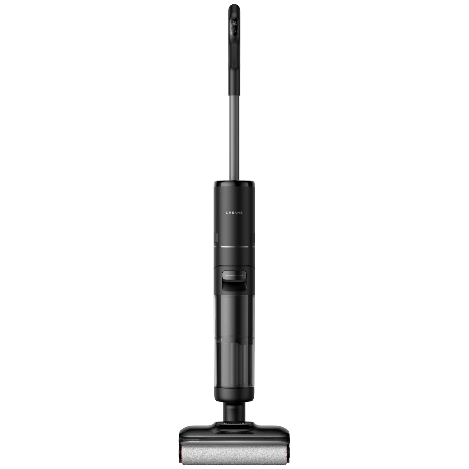 Un aspirateur sans fil noir et gris. Il possède une longue poignée, un corps principal et une tête de brosse. La marque est visible.