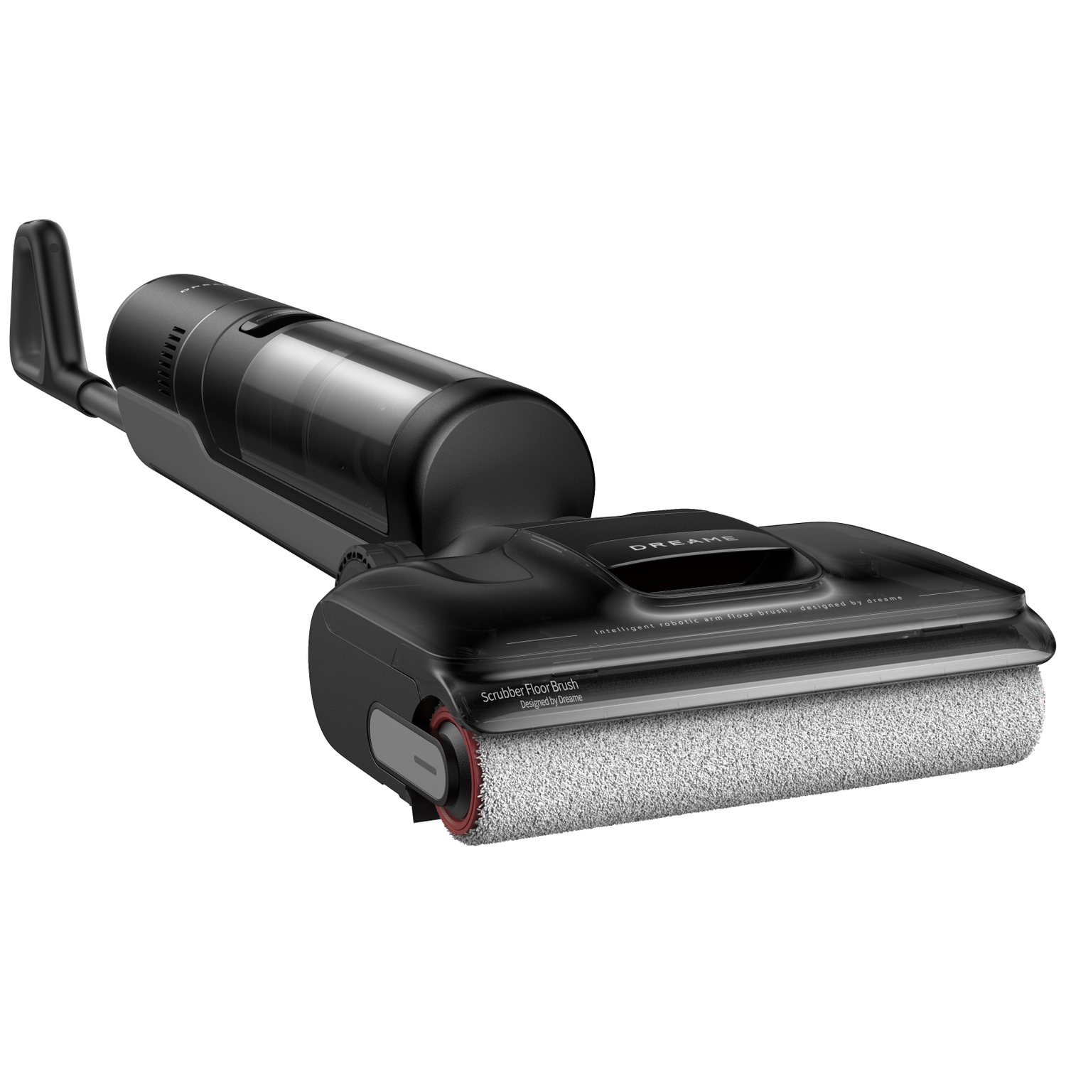 Une brosse de sol robotique Dreame noire et grise. Elle a un rouleau et une poignée. Le fond est blanc.