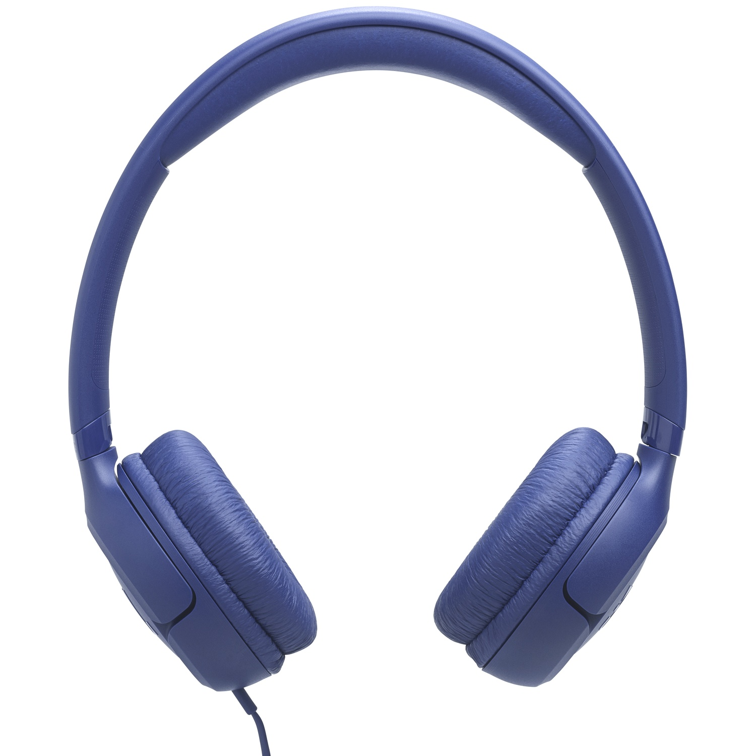 Blaue Kopfhörer mit gepolstertem Bügel und Ohrmuscheln. Ein Kabel geht von der linken Ohrmuschel aus. Isoliert auf weißem Hintergrund.